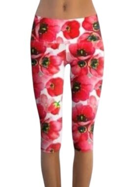 Pineapple Clothing Tulip Red Floral Capri Leggings made in USA size M